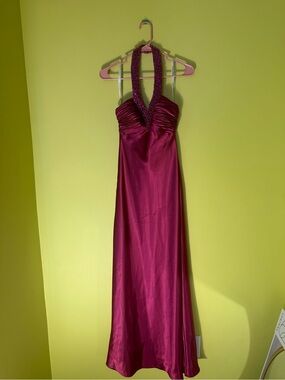 Y2K Morgan & Co. Beaded Halter Gown in Deep Fuchsia